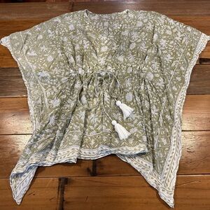 Cotton Hand-Block Print Drawstring Waist Kaftan Cover-Up with White Tassels